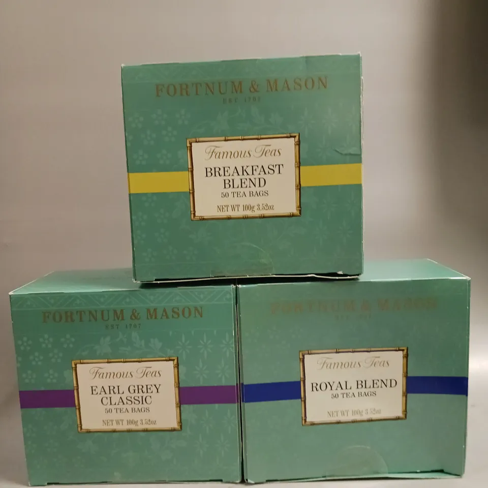 3 X BOXED FORTNUM & MASON FAMOUS TEAS TEA BAGS TO INCLUDE ROYAL BLEND, EARL GREY CLASSIC & BREAKFAST BLEND 