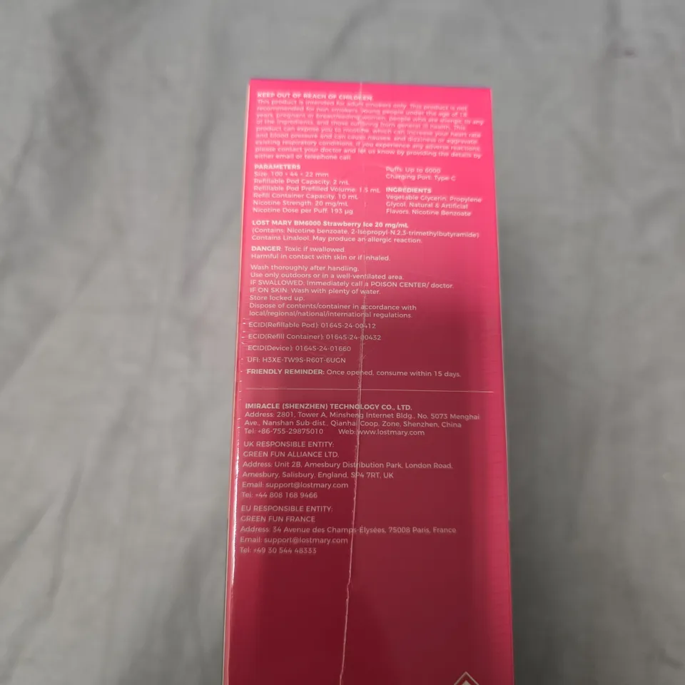 SEALED LOST MARY BM6000 REFILLABLE KIT – STRAWBERRY ICE, 20 MG/ML - 5-PACK