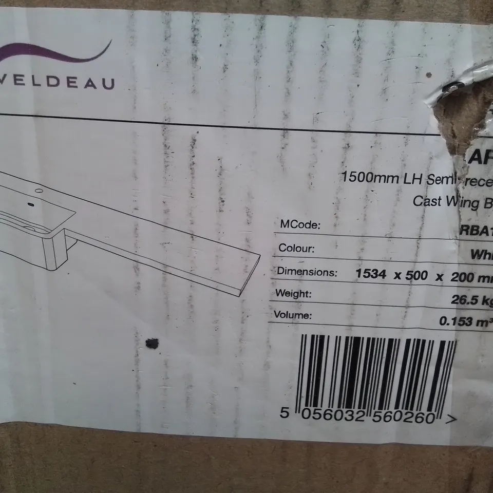 BOXED ARNO 1500MM LH SEMI RECESSED CAST WING BASIN WHITE 1534 X 500 X 200MM 