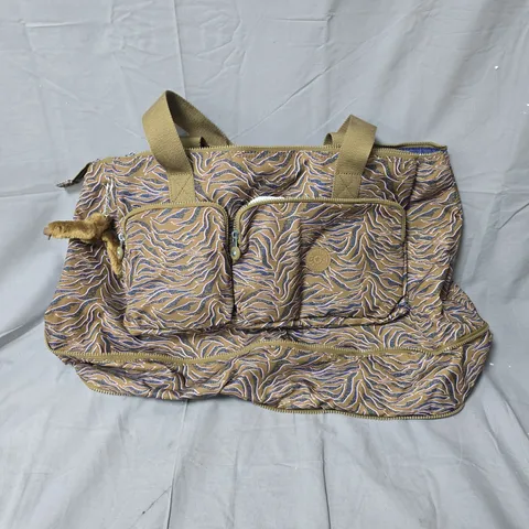 KIPLING HANDBAG WITH MONKEY KEYCHAIN – TAN/BROWN FABRIC WITH BLUE PATTERN