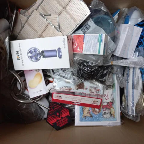 BOX OX ASSORTED ITEMS TO INCLUDE - TOOLS - BADGES - NECK FANS
