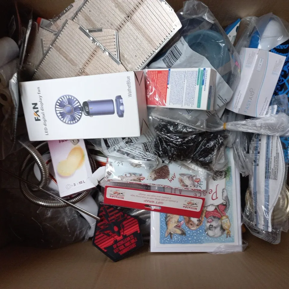 BOX OX ASSORTED ITEMS TO INCLUDE - TOOLS - BADGES - NECK FANS