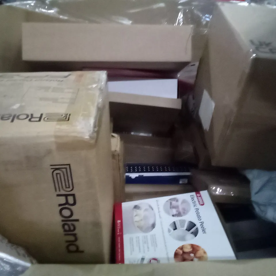 PALLET OF ASSORTED ITEMS INCLUDING CABIN LUGGAGE, AIR FRYER, ELECTRIC POTATO PEELER, UNICORN FOLDING CHAIR, INDOOR INSECT KILLER 