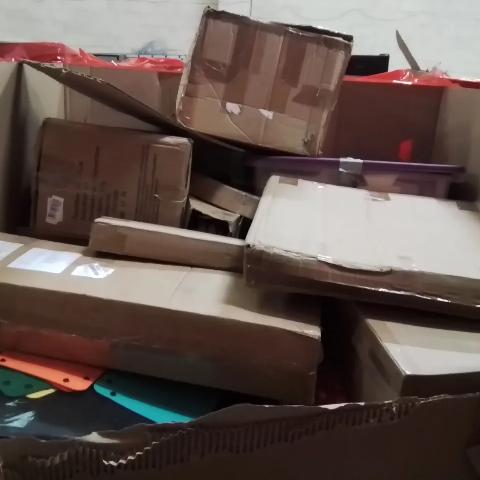 PALLET OF ASSORTED HOUSEHOLD GOODS AND PRODUCTS TO INCLUDE;CEILING FAN WITH LIGHT,FOLDING CAMPING TABLE,BABY HIGH CHAIR 