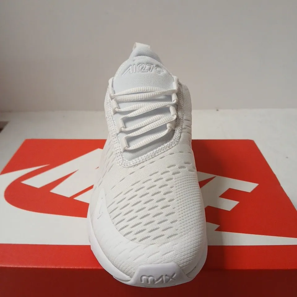 BOXED PAIR OF NIKE AIR MAX 270 GS SNEAKERS – WHITE/WHITE-METALLIC SILVER, UK 6 