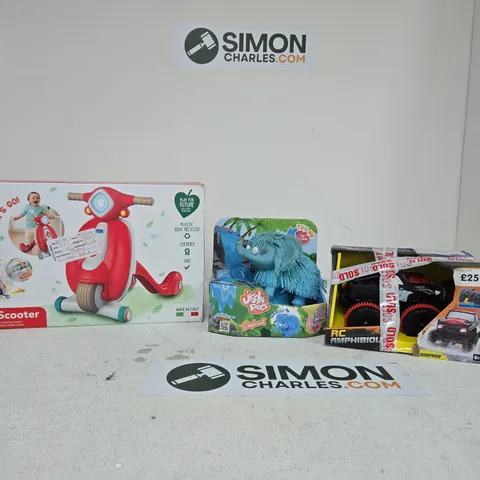 BOX OF APPROXIMATELY 10 ASSORTED TOYS INCLUDING BABY CLEMENTONI MY FIRST SCOOTER, RC AMPHIBIOUS AND JIGGLY PETS ELEPHANT