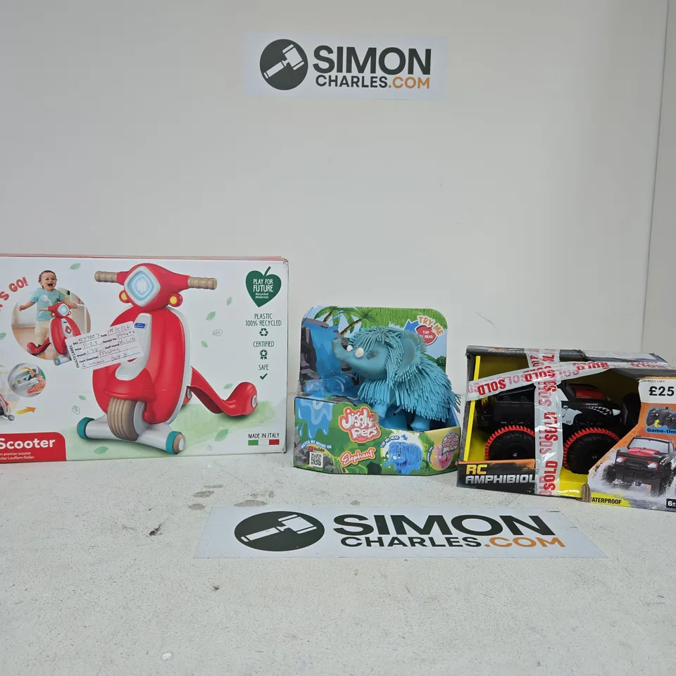 BOX OF APPROXIMATELY 10 ASSORTED TOYS INCLUDING BABY CLEMENTONI MY FIRST SCOOTER, RC AMPHIBIOUS AND JIGGLY PETS ELEPHANT