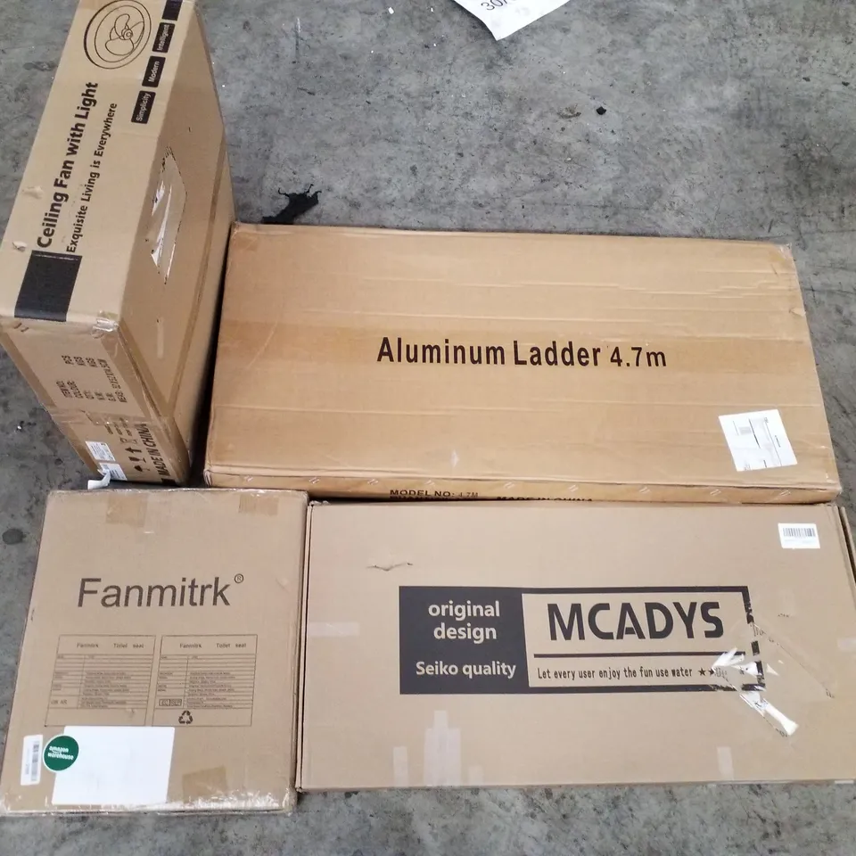 PALLET OF ASSORTED PRODUCTS INCLUDING ALUMINIUM LADDER 4.7M, TOILET SEAT, CEILING FAN WITH LIGHT, BLACK SHOWER SET, DECORATIVE GARDEN FENCE