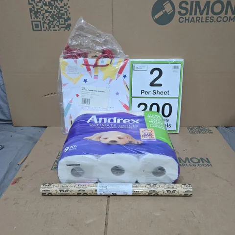 BOX OF APPROXIMATELY 20 ASSORTED ITEMS TO INCLUDE ANDREWS 9XL ROLLS, THANK YOU TEACHER GIFT BAGS, WRAPPING PAPER, 200 LASER LABELS ETC