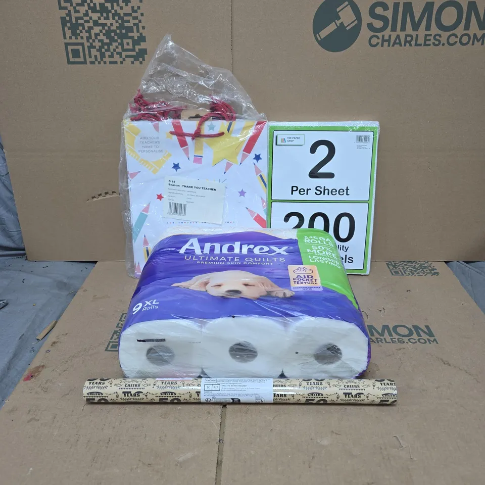 BOX OF APPROXIMATELY 20 ASSORTED ITEMS TO INCLUDE ANDREWS 9XL ROLLS, THANK YOU TEACHER GIFT BAGS, WRAPPING PAPER, 200 LASER LABELS ETC