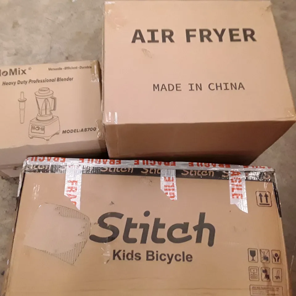 PALLET OF ASSORTED HOUSEHOLD ITEMS TO INCLUDE HEAVY DUTY BLENDER, AIR FRYER AND KIDS BICYCLE