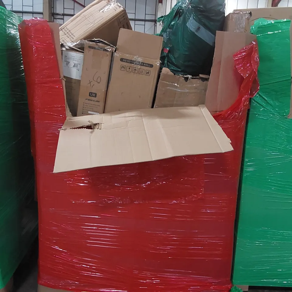 PALLET OF ASSORTED CONSUMER PRODUCTS TO INCLUDE: COOKER HOODS, PAPER SHREDDER, RUG, TOILET SEAT FRAME ECT