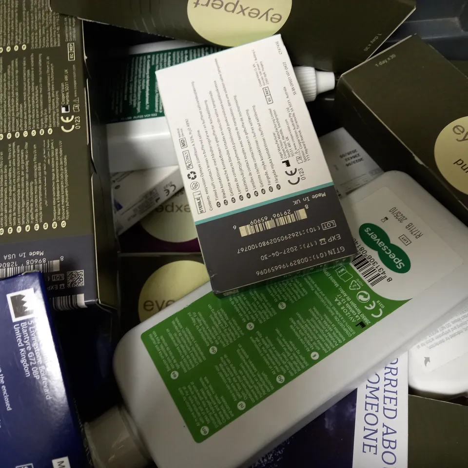 BOX OF APPROX 25 ASSORTED CONTACT LENSES AND CONTACT LENSE SOLUTIONS