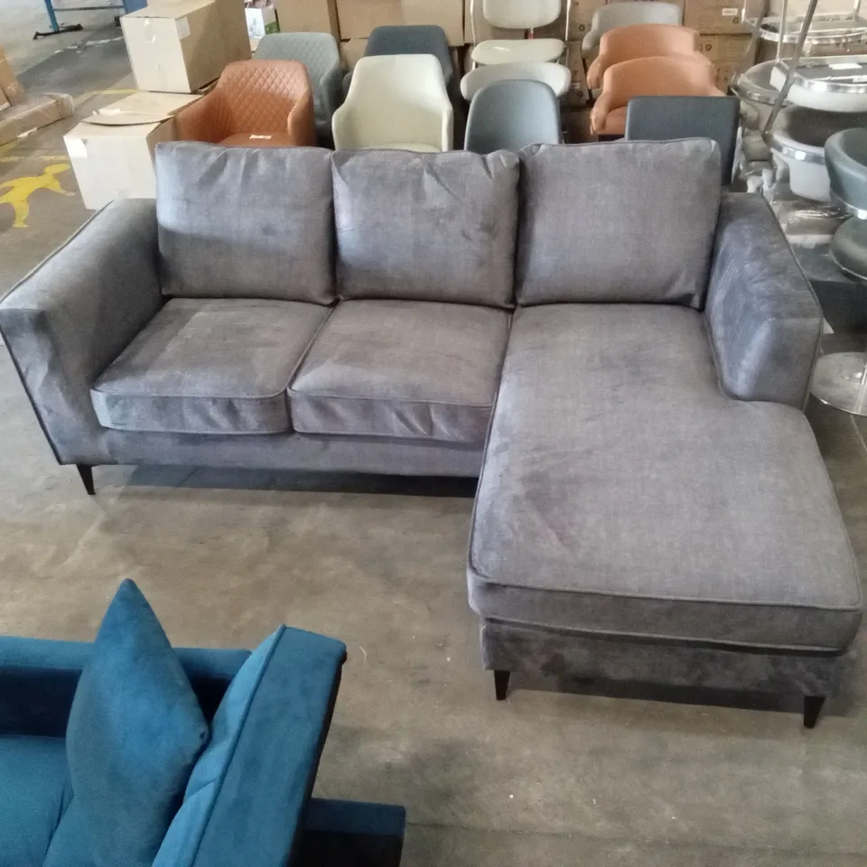 CARMEN MODERN 3 SEATER FABRIC CHAISE SOFA - GREY