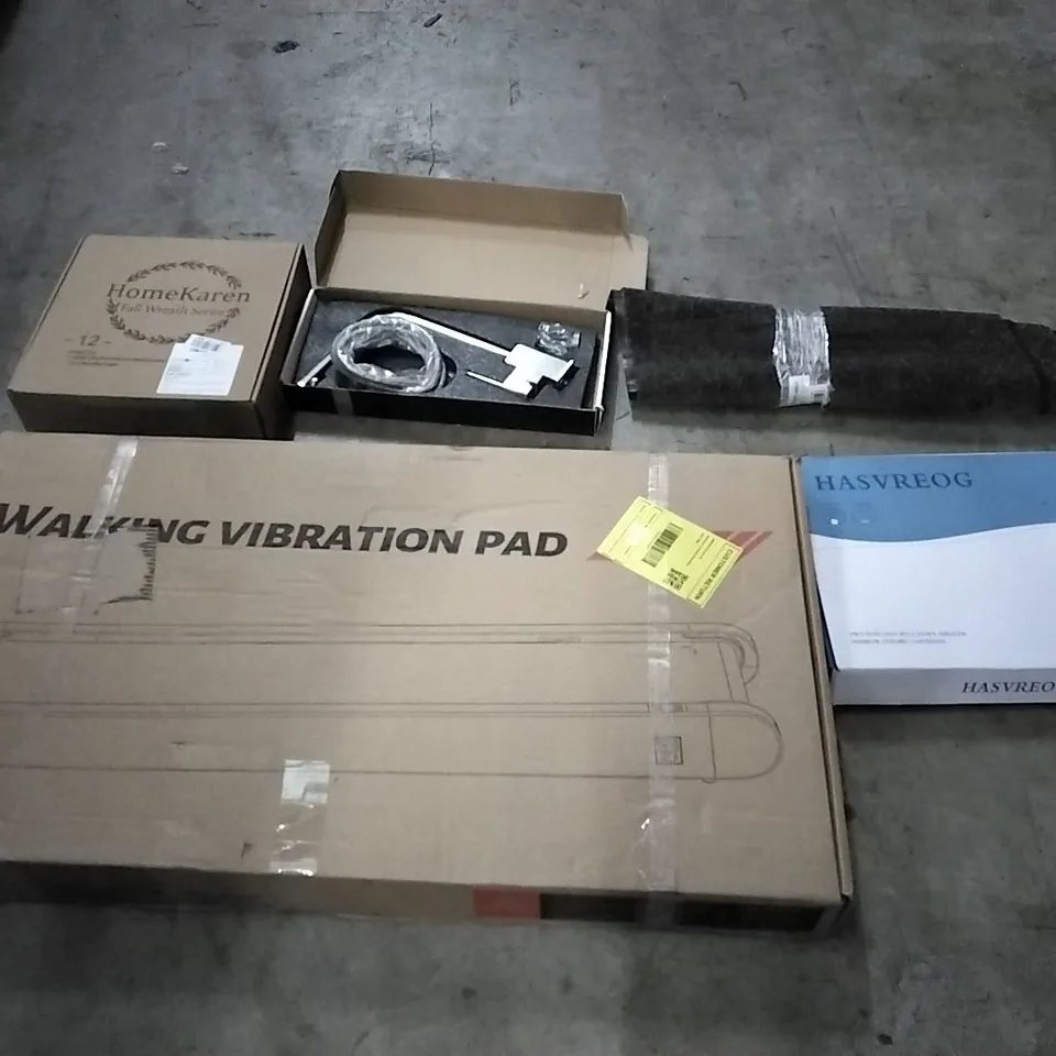 PALLET CONTAINING ASSORTED ITEMS TO INCLUDE: WALKING VIBRATION PAD, HOME KAREN FALL WREATH, HASVREOG TO FUNCTION PULL DOWN SPRAYER PREMIUM CERAMIC CARTRIDGE. TAP AND MAT ETC...