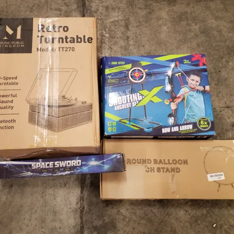 PALLET OF ASSORTED PRODUCTS INCLUDING RETRO TURNTABLE, SHOOTING ARCHERY SET, ROUND BALLOON ARCH STAND, SPACE SWORD TOY, PRESSURE WASHER