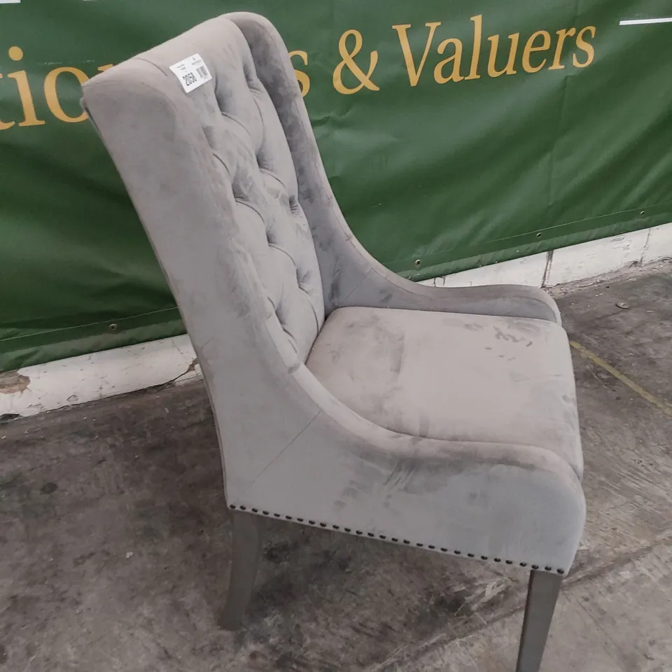 DESIGNER UPHOLSTERED BUTTONED BACK DINING CHAIR GREY PLUS FABRIC SILVERED WOOD LEGS