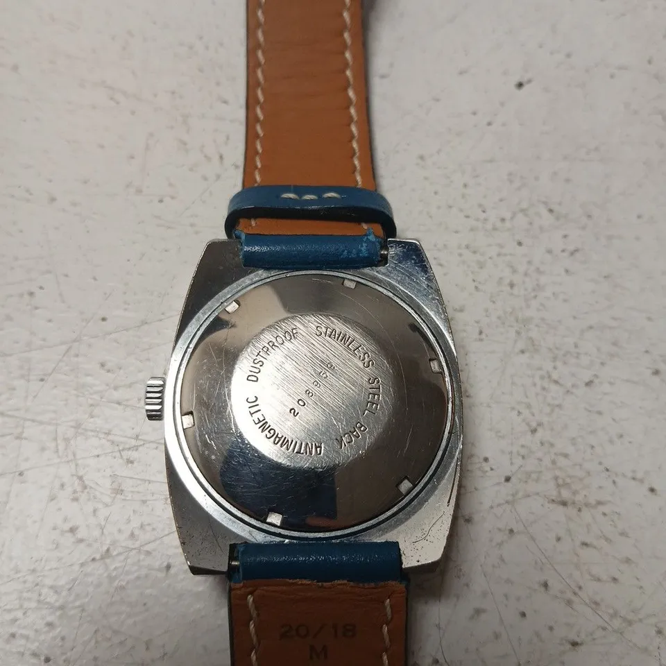 YEMA AUTOMATIC WRISTWATCH – 17 JEWELS, BLUE LEATHER STRAP
