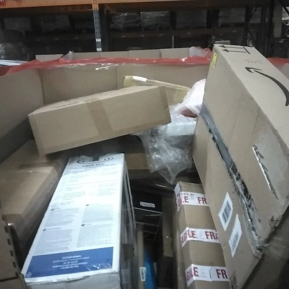 PALLET OF HOUSEHOLD ITEMS TO INCLUDE GAMING MOUSE PAD, HOTWHEELS RACER VERSE, FROZEN II CASTLE PLAYSET, BOOSTER SEAT AND OTHER ASSORTED ITEMS...