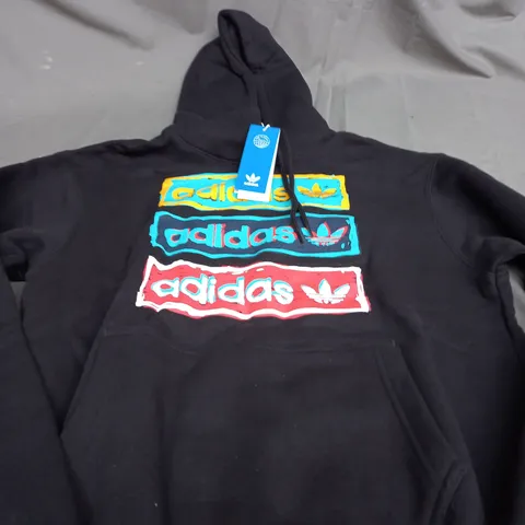 ADIDAS 3 LOGO PRINT BLACK HOODIE - SMALL