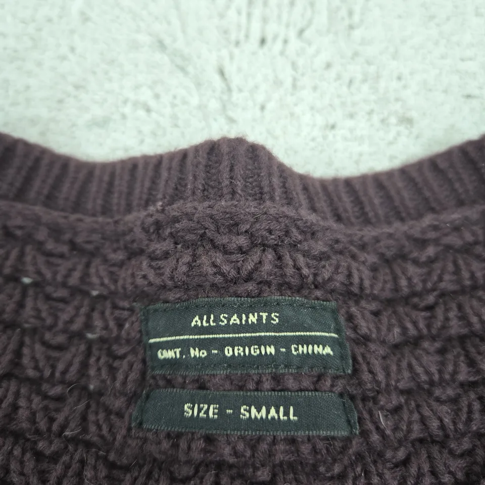 ALLSAINTS KNIT JUMPER – BURGUNDY, UK SIZE SMALL, MADE IN CHINA