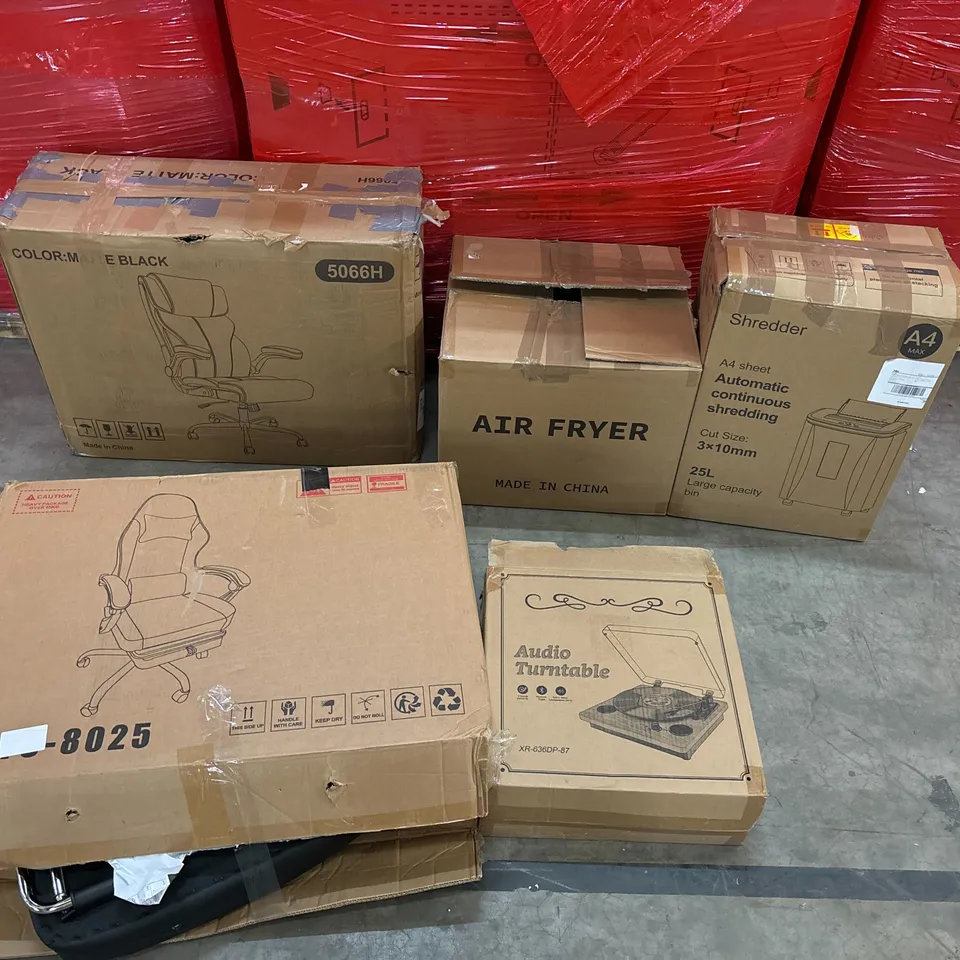 PALLET OF ASSORTED CONSUMER PRODUCTS TO INCLUDE: OFFICE CHAIRS, AIR FRYER, PAPER SHREDDER, AUDIO TURNTABLE ECT