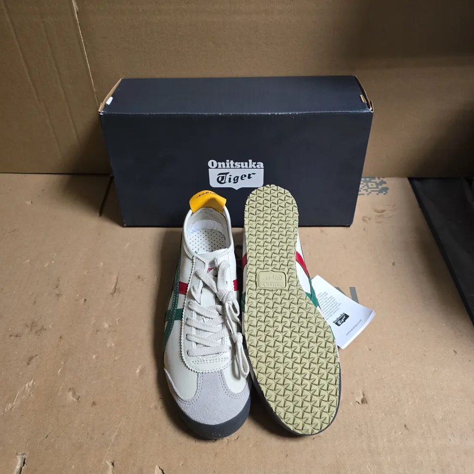 ONITSUKA TIGER SNEAKERS – WHITE/GREY WITH GREEN STRIPES, YELLOW HEEL TAB, BOXED - UK SIZE 5.5 