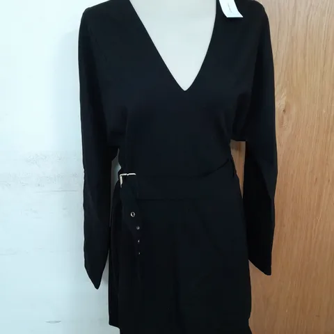 KAREN MILLEN V NECK BELTED PONTE JERSEY MINI DRESS IN BLACK SIZE L