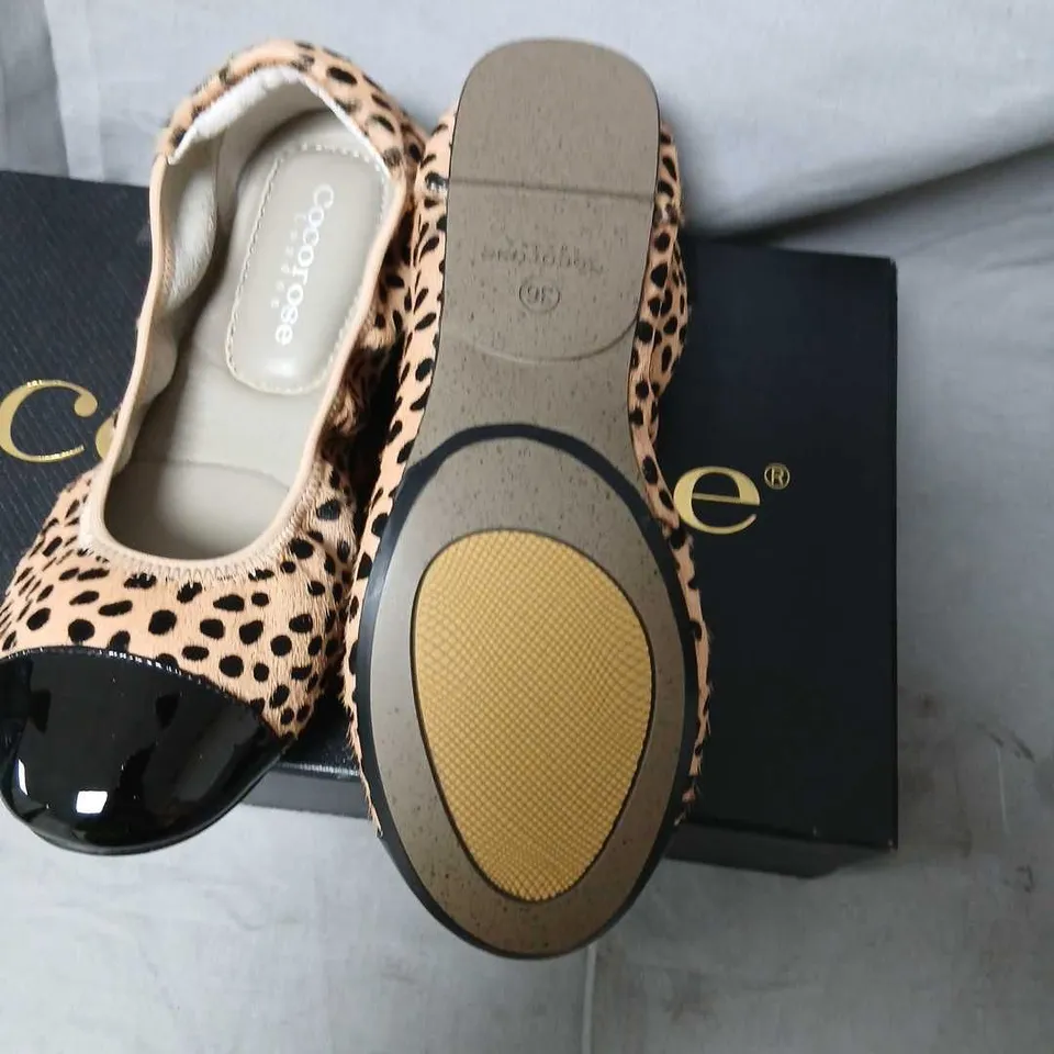 COCOROSE LONDON LEOPARD PONY HAIR FLATS WITH BLACK PATENT TOE CAP – UK 3.5 (EU 36)