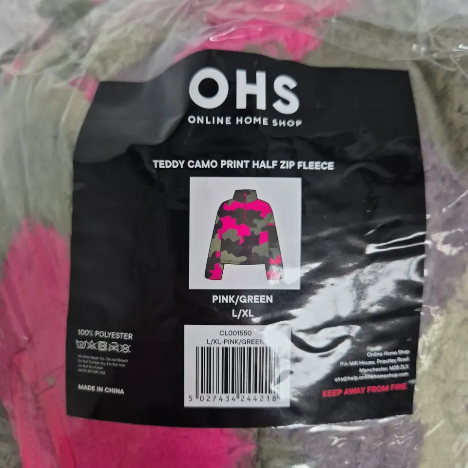 BAGGED OHS TEDDY CAMO PRINT HALF ZIP FLEECE – PINK/GREEN, UK L/XL