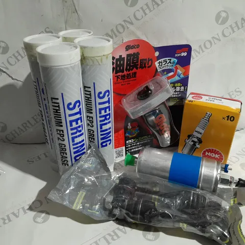 APPROXIMATELY 20 ASSORTED ITEMS TO INCLUDE BOX OF SPARK PLUGS, STERLING LITHIUM EP2 GREASE, GLASS COMUND ROLL ON, ELECTRIC FUEL PUMP ETC. 