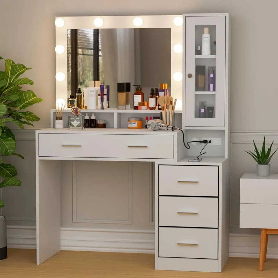 BOXED BERKEL DRESSING TABLE WITH LIGHTS, 5 DRAWERS, CABINET, LARGE MIRROR (2 BOXES)