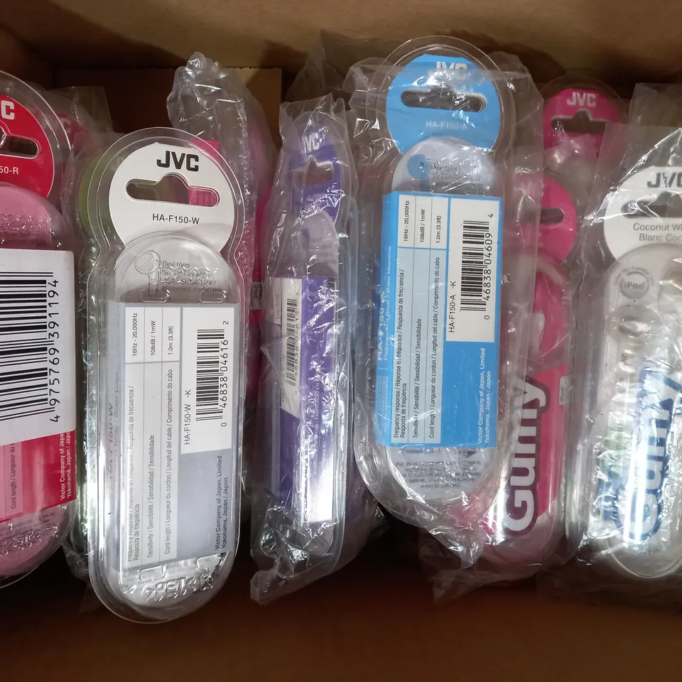 BOX OF APPROXIMATELY 20 ASSORTED JVC GUMY STEREO HEADPHONES IN VARIOUS COLOURS
