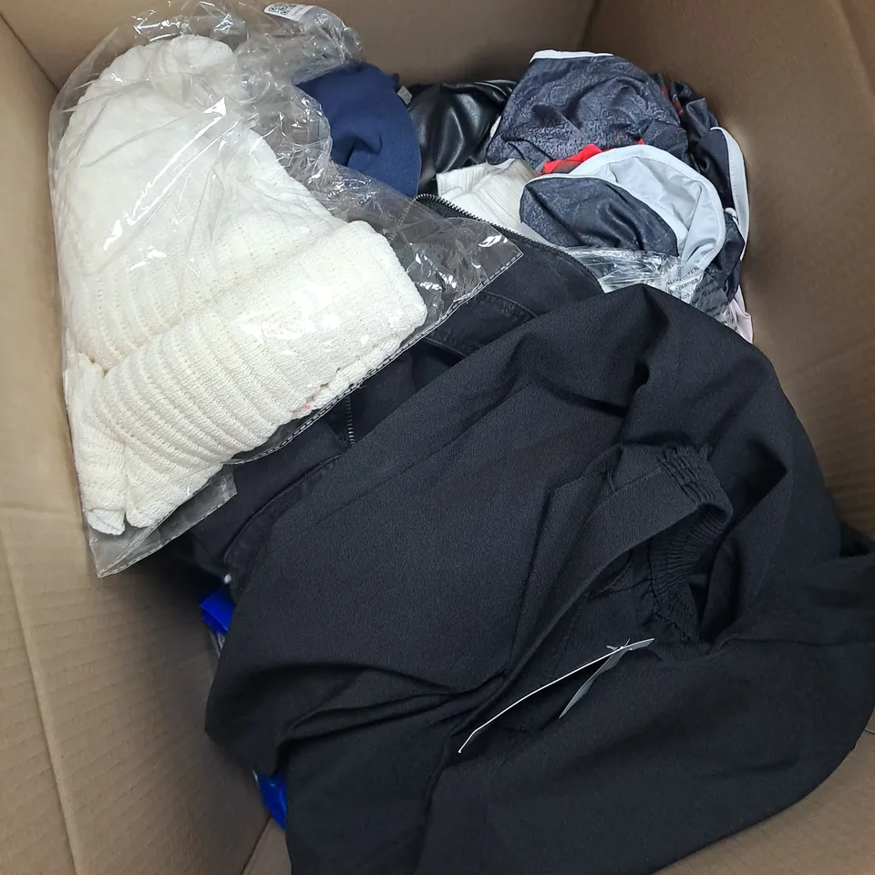 BOX OF APPROXIMATELY 20 ASSORTED CLOTHING ITEMS VARYING IN SIZE/COLOUR/STYLE TO INCLUDE: TOPS, TROUSERS, JUMPERS