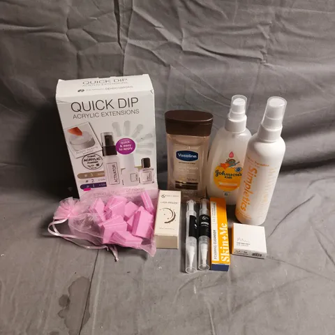 APPROXIMATEY 20 ASSORTED HEALTH AND BEAUTY PRODUCTS TO INCLUDE - QUICK DIP ACRYLIC NAIL EXTENSION KIT - VASELINE COCOA RADIANT BODY OIL - SKIN + ME FOAMING CLEANSER - ETC