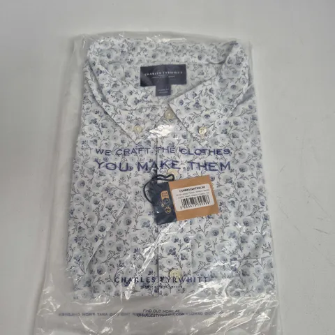 BAGGED CHARLES TYRWHITT WHITE DAISY FLORAL STRETCH WASHED POPLIN SHIRT - XXL