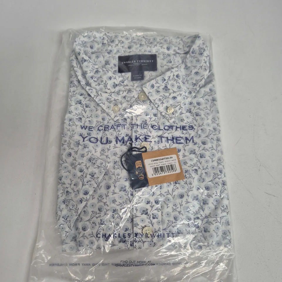 BAGGED CHARLES TYRWHITT WHITE DAISY FLORAL STRETCH WASHED POPLIN SHIRT - XXL