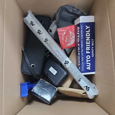 BOX OF ASSORTED CAR PARTS AND ACCESSORIES TO INCLUDE  - TOOLS - SEAT BELTS - FLOOR MAT / COLLECTION ONLY 