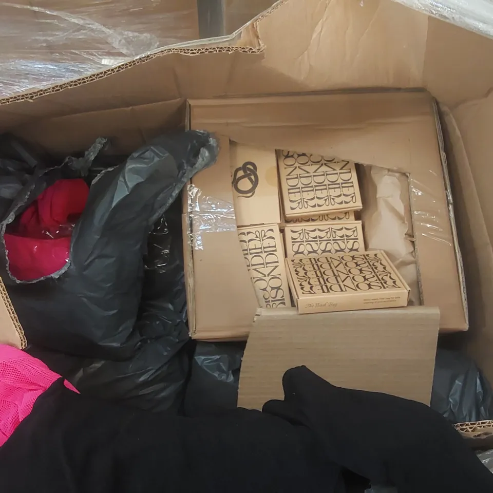 PALLET CONTAINING A LARGE QUANTITY OF ASSORTED ITEMS INCLUDING: CLOTHING, WASH BAGS ECT