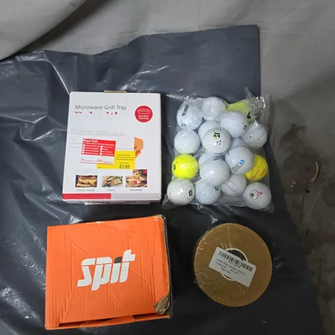 APPROXIMATELY 15 ASSORTED HOUSEHOLD ITEMS TO INCLUDE DOUBLE SIDED TAPE, GOLF BALLS, MICROVAVE GRILL TRAY, BOX OF NAILS