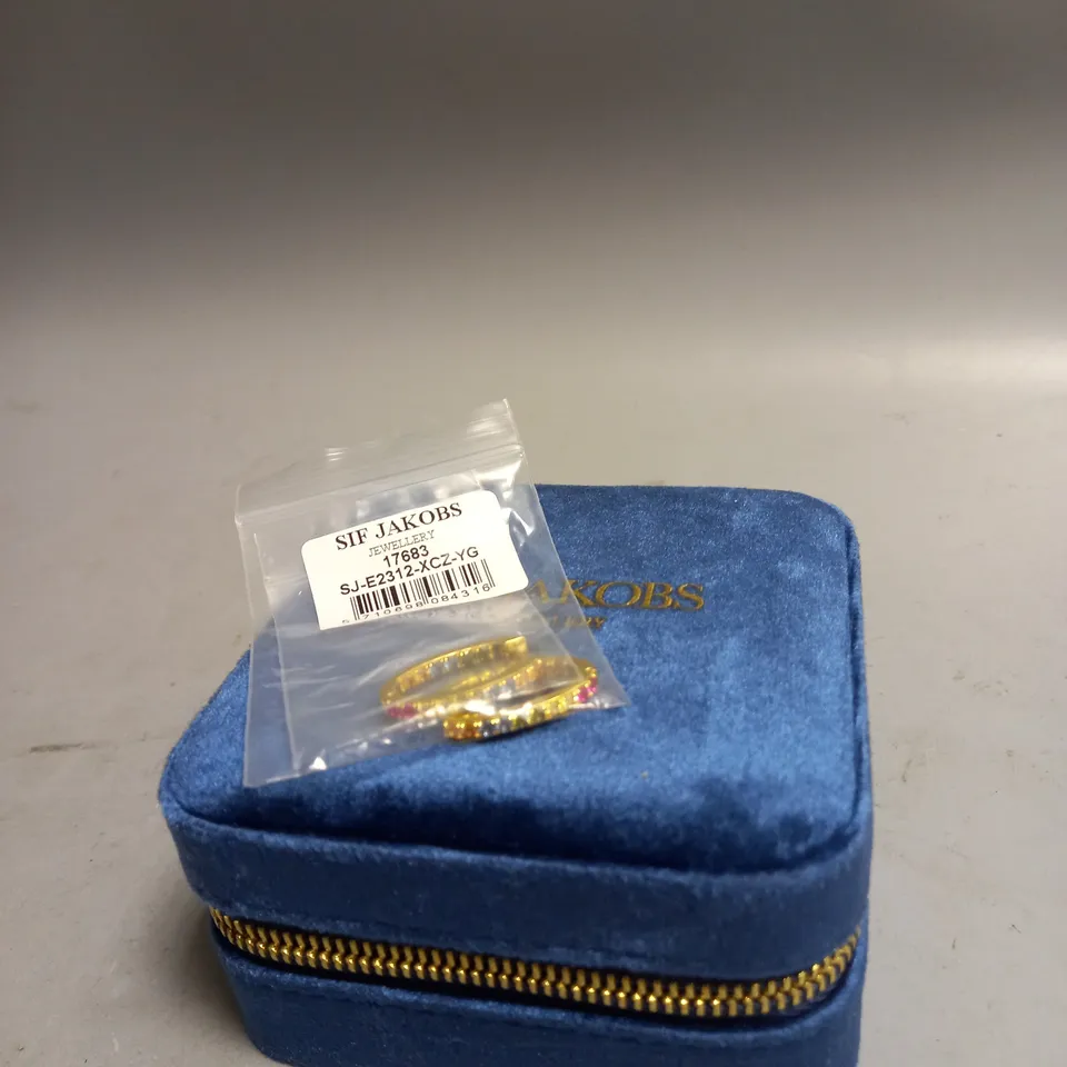 SIF JAKOBS TRAVEL JEWELLERY BOX IN PICCOLO BLUE AND HOOP EARRINGS IN GOLD MULTICOLOUR STONES