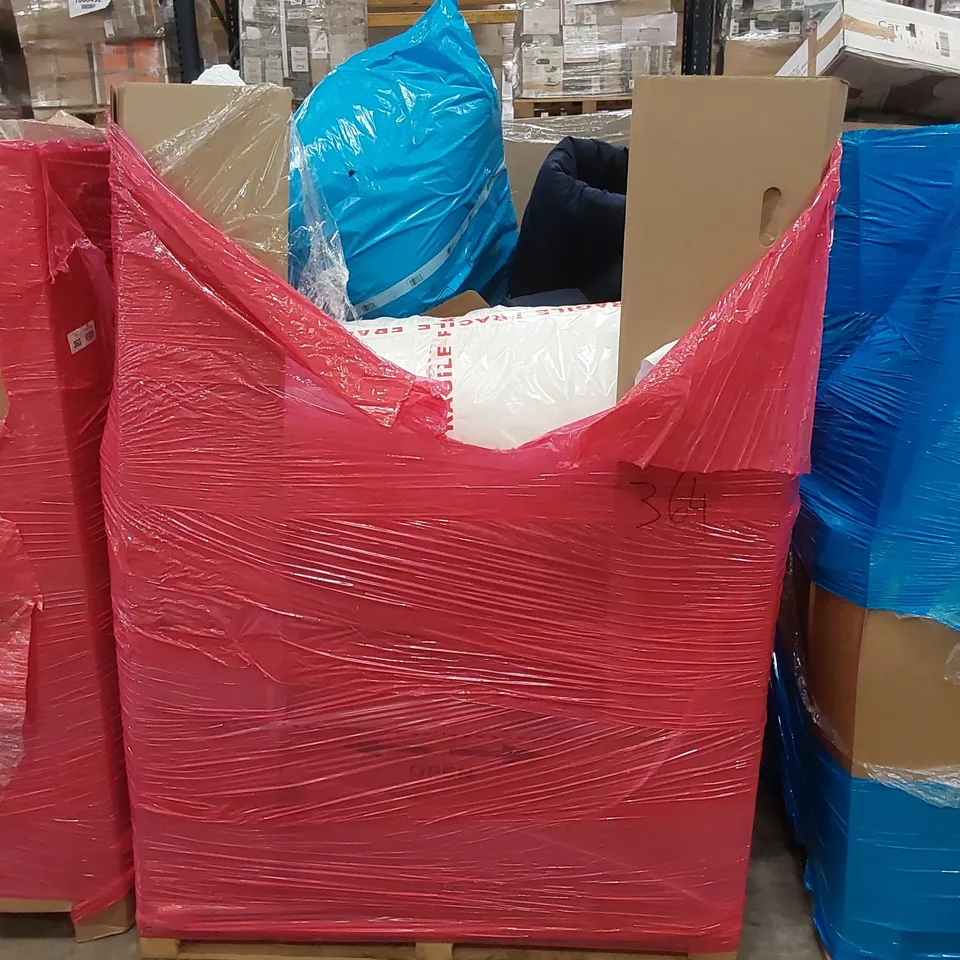 PALLET OF ASSORTED HOUSEHOLD ITEMS AND CONSUMER PRODUCTS TO INCLUDE; TABLE EASEL, OFFICE CHAIR, BOXED FURNITURE ETC 