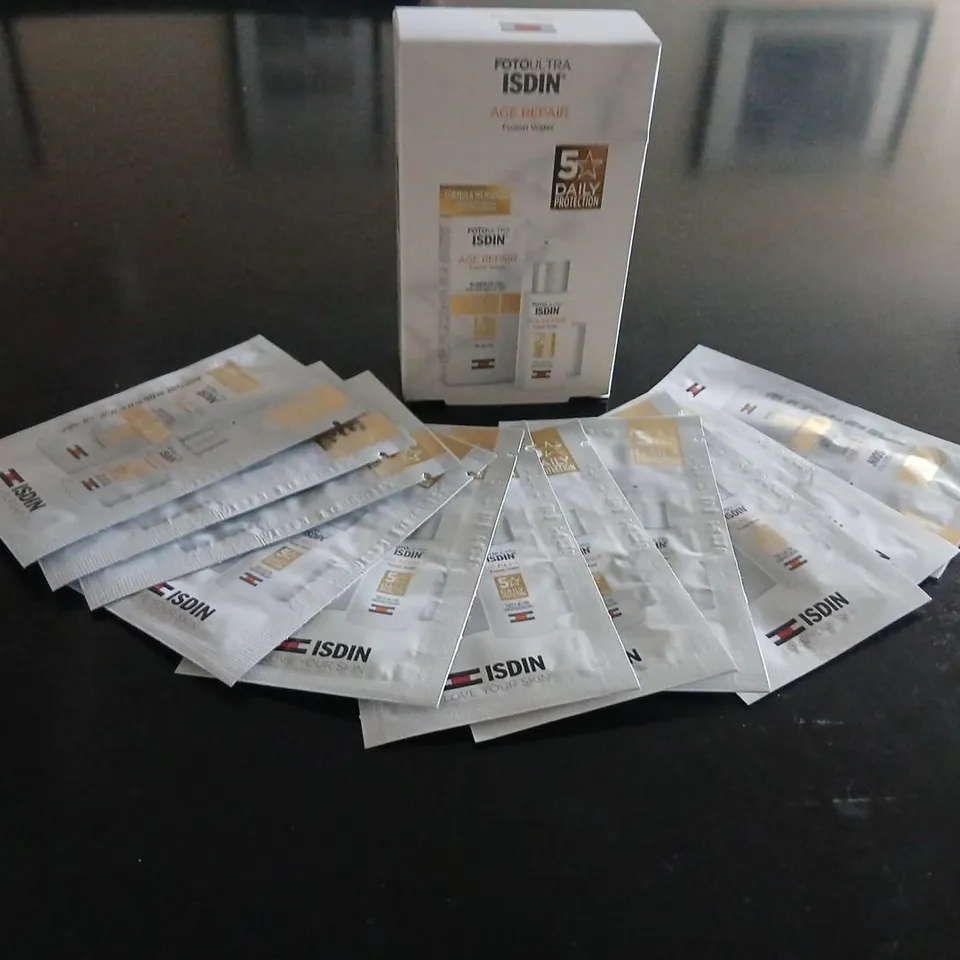 APPROXIMATELY 24 BOXES ISDIN FOTOULTRA AGE REPAIR FUSION WATER – FACIAL SKINCARE EACH BOX CONTAINS APPROXIMATELY TEN 2ML SAMPLE SACHETS
