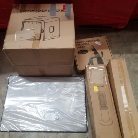 PALLET CONTAINING ASSORTED PRODUCTS INCLUDING MULTIFUNCTIONAL FOLDABLE TOILET, ELECTRIC FAN HEATER, PUZZLE BOARD, CLOTHES AIRER & PET HAIR DRYER BOX