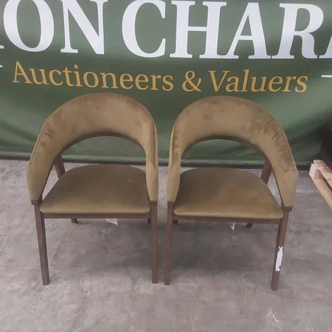 SET OF 2 WALNUT & OLIVE GREEN UPHOLSTERED CURVED DINING CHAIRS