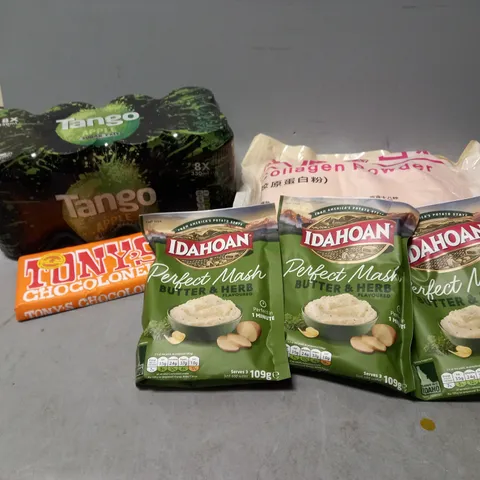LOT OF APPROXMATELY 6 ITEMS TO INCLUDE - TANGO APPLE CANS, TONEYS CHOCOLONEY, AND IDAHOAN PERFECT MASH ETC.