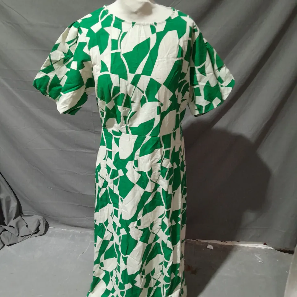 PRINCIPLES LINEN BLEND ABSTRACT PUFF SLEEVE MIDI DRESS GREEN SIZE 14