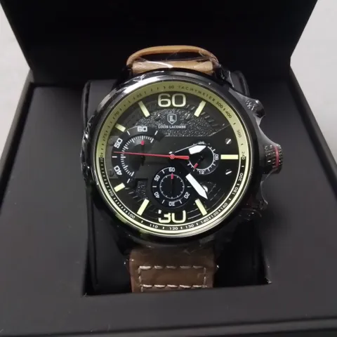 LOUIS LACOMBE GENTS STAINLESS STEEL CHRONOGRAPH WATCH WITH BROWN STRAP IN GIFT BOX
