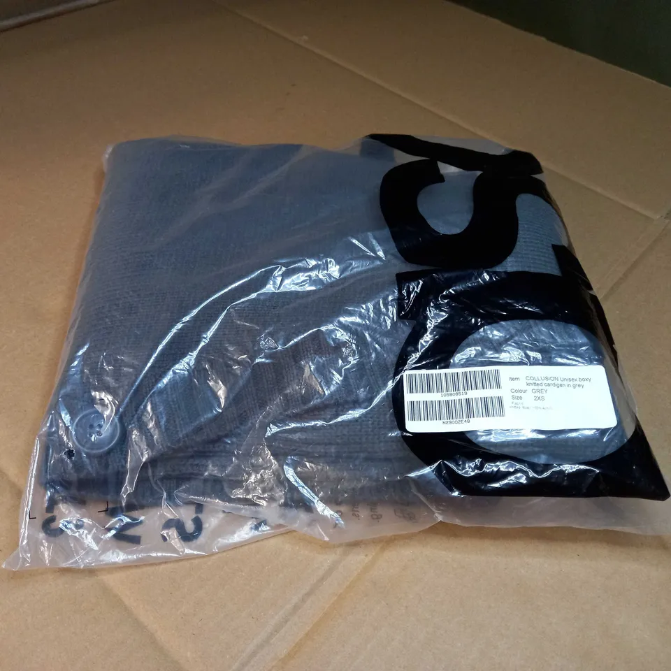 PACKAGED COLLUSION GREY UNISEX BOXY KNITTED CARDIGAN - 2XS