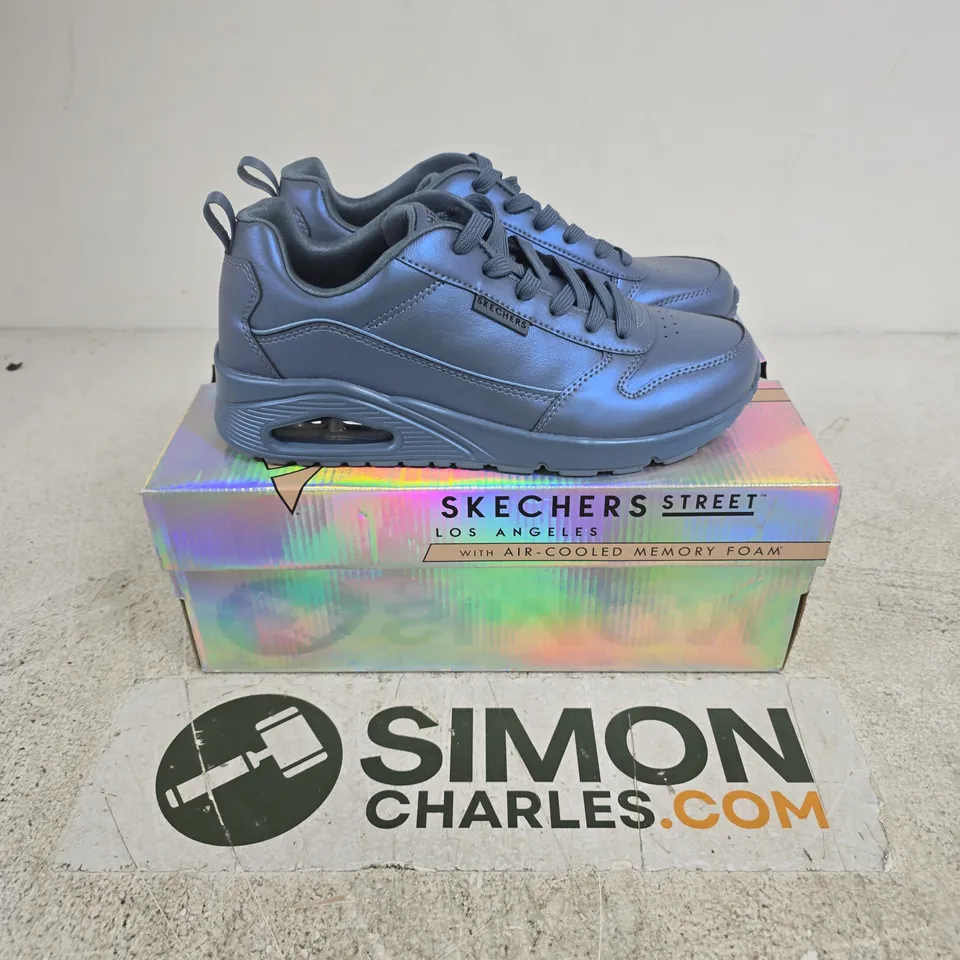 BOXED PAIR OF SKECHERS TRAINERS IN METALLIC BLUE - UK 7